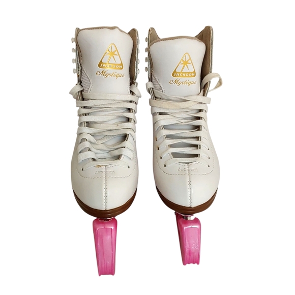 Jackson Mystique Figure Skates White Leather Size 9 1/3 With Pink Blade Guards - Picture 1 of 16